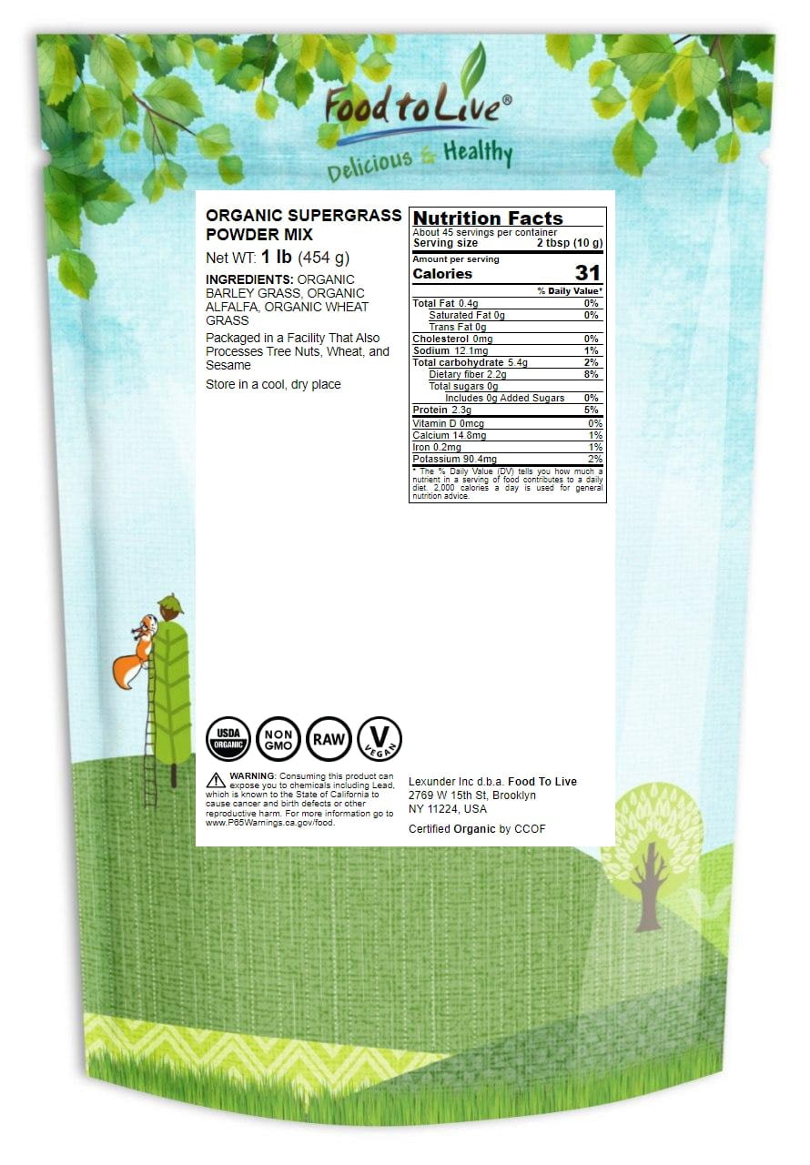 Organic SuperGrass Powder Mix, 1 Pound — Non-GMO, Kosher, Vegan, Raw — by Food to Live