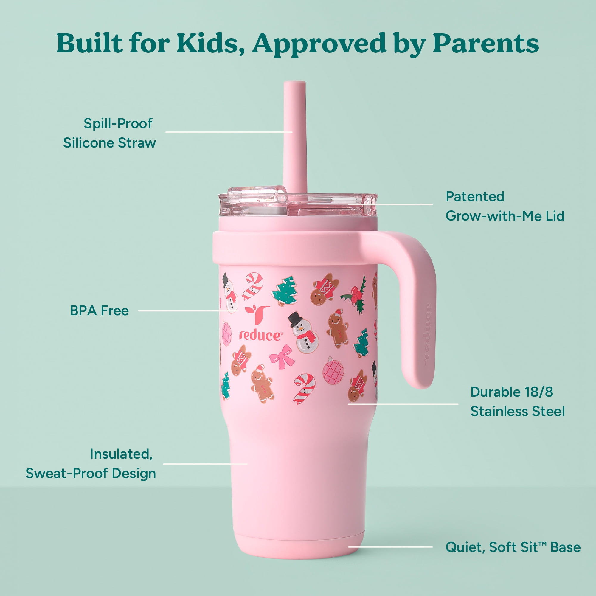 Reduce Coldee Kids Tumbler with Spill-Proof Straw & Handle. Insulated Stainless Steel 18 oz, Sweet Treats