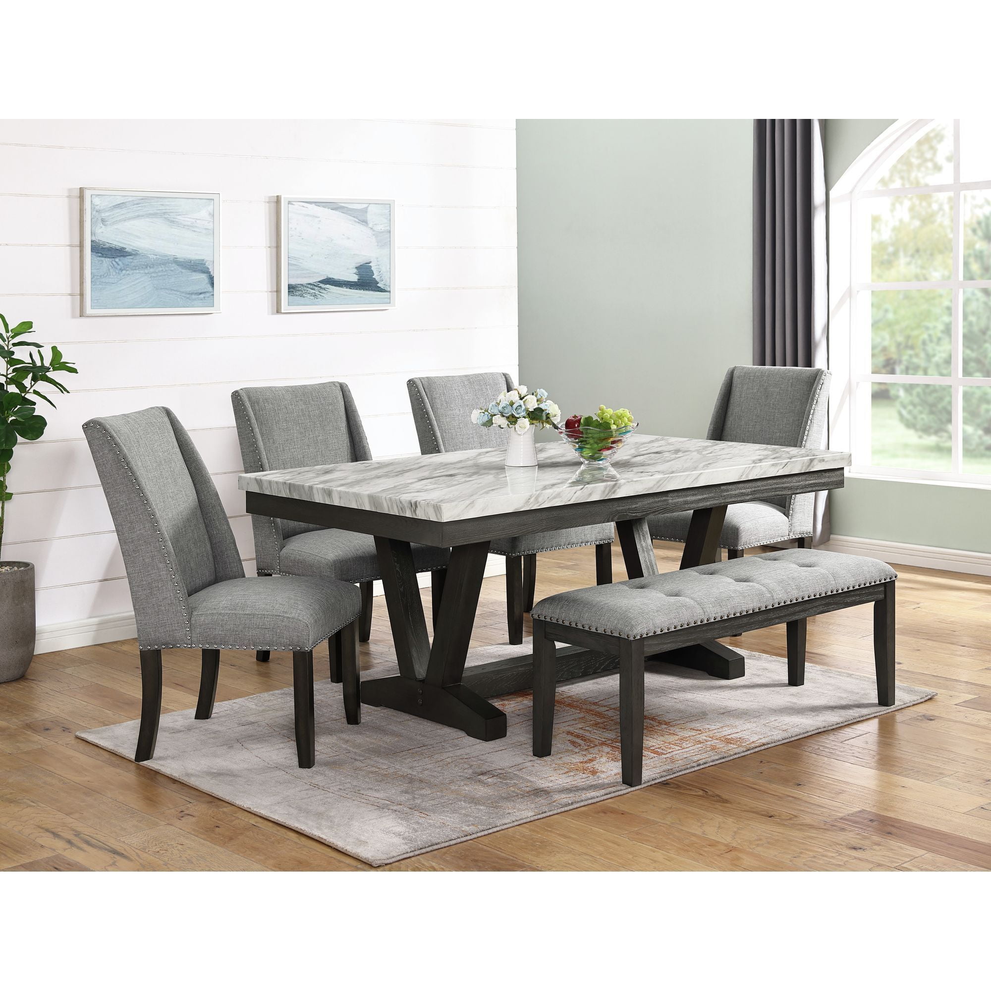 Picket House Furnishings Eve Dining Table w/ White Faux Marble Top in Charcoal