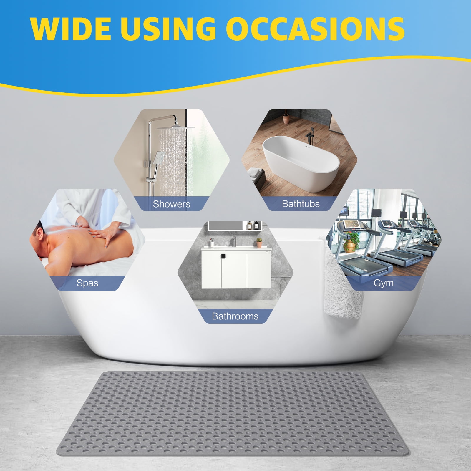 OTHWAY Large Shower Mat, 35x24 TPE Anti Slip Shower Mat, Heavy Bath Mats for Shower with Drain Holes Suction Cups, Shower Stall Mat for Bathroom, No Odor Shower Grip Mat for Elderly Kids(Dark Grey)