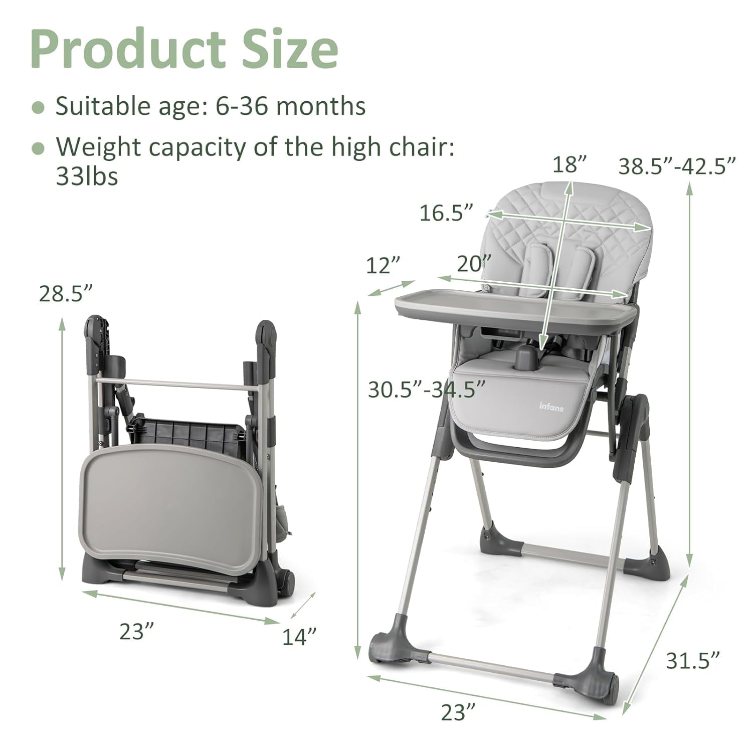 INFANS Baby High Chair, Convertible Quick Folding Portable Highchair for Babies and Toddlers with Adjustable Height Backrest Footrest 2 Wheels Removable Tray, Easy to Clean PU Seat