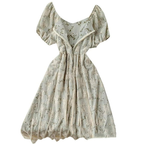 YM YOUMU Women Girls Puff Sleeve Lace Floral Embroidery Mesh Dress for Casual Wedding Cocktail Party