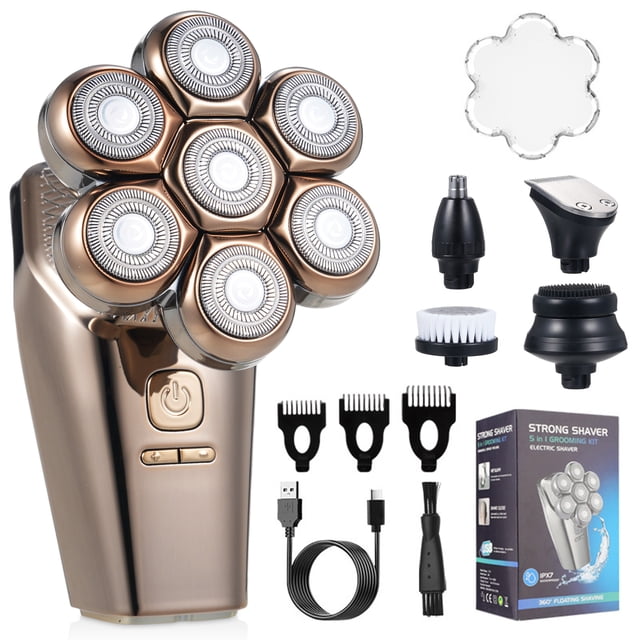 For Electric Bald Shaver for Men 7 Floating Heads Beard Hair Clipper Facial Cleaner Massager Nose Trimmer IPX7 Fully Washable USB Rechargeable LCD Digital Display