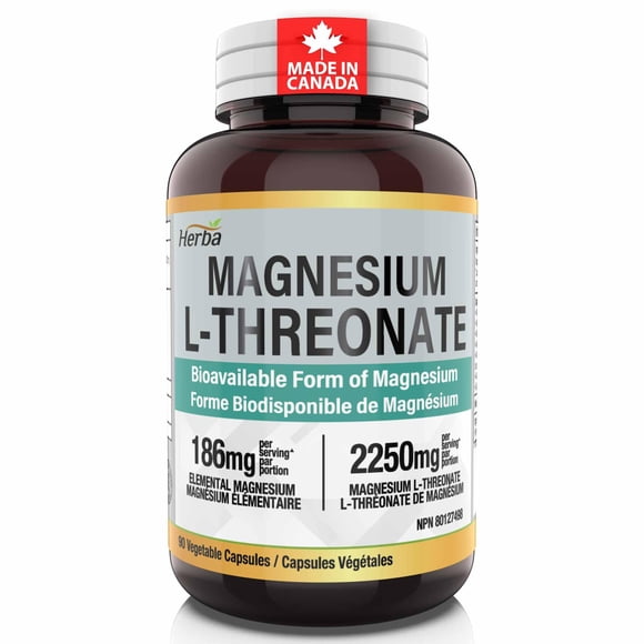 Herba Magnesium L-Threonate Supplement – 186mg of Elemental Magnesium per Serving from L Threonate - 90 Capsules | Made in Canada
