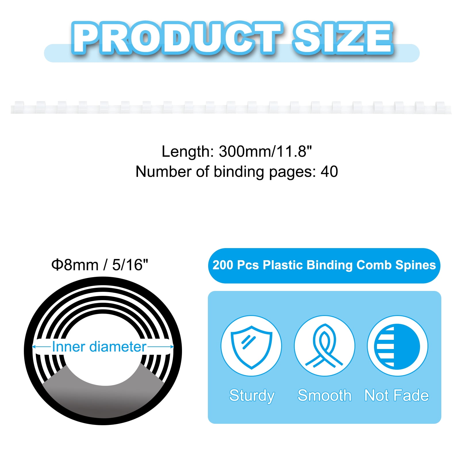 Uxcell 8mm (5/16") Plastic Binding Combs, 200 Pcs 21 Rings Comb Binding Spines 40 Sheet Capacity Letter Size for Binding Paper Sheets, White