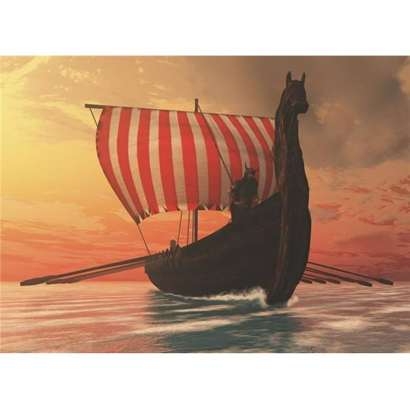 A Viking longboat sails to  shores Poster Print