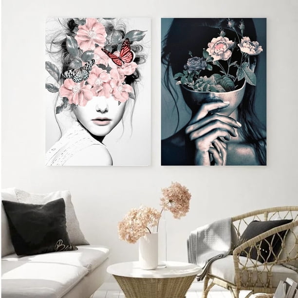 Set 2 Cuadros Arte Moderno Mujeres Flores En Lienzo Canvas