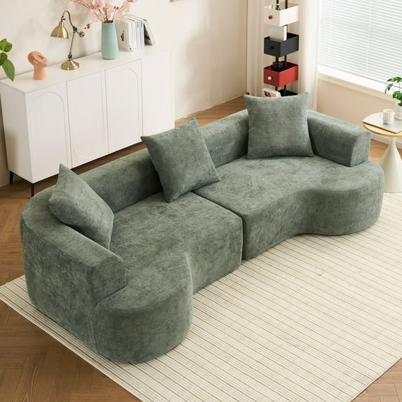 Modern Style Curved Sofa, Soft Corduroy Sofa with 3 Pillows, Living Room Milky White Ultra Smooth Curved Fabric Sofa (Green)
