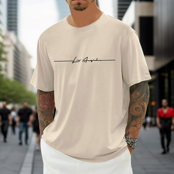 ZHOGXU Men's Summer T Shirt Short Sleeve Round Neck Letter Print Comfortable Breathable Tee Top For Casual Daily Wear,Beige,L