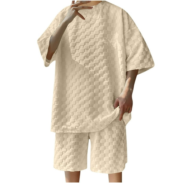 Conjunto de Manga Corta Pantalones Cortos Cuello Redondo de Color Sólido Casual Dos Piezas, Traje Ligero para el Aire Libre, el Ocio Y Todos los Días