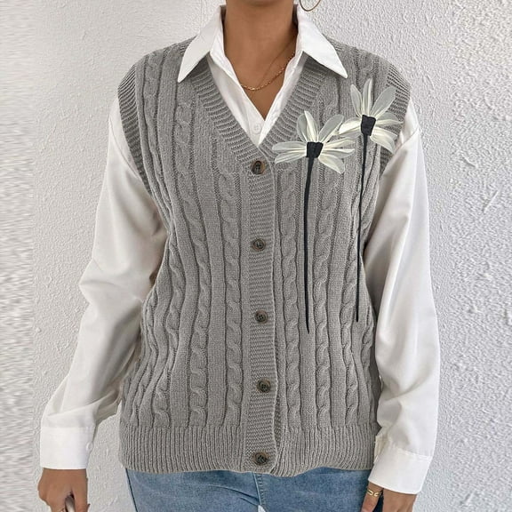 Goodtrade8 Winter Sweaters Lightweight Button Sweater Vests Floral V-Neck Casual Sleeveless Sweater Tops