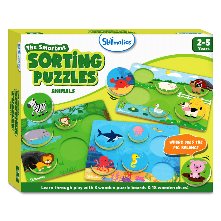 Skillmatics Wooden Sorting Puzzles 3-in-1 Learning Toy, Animal