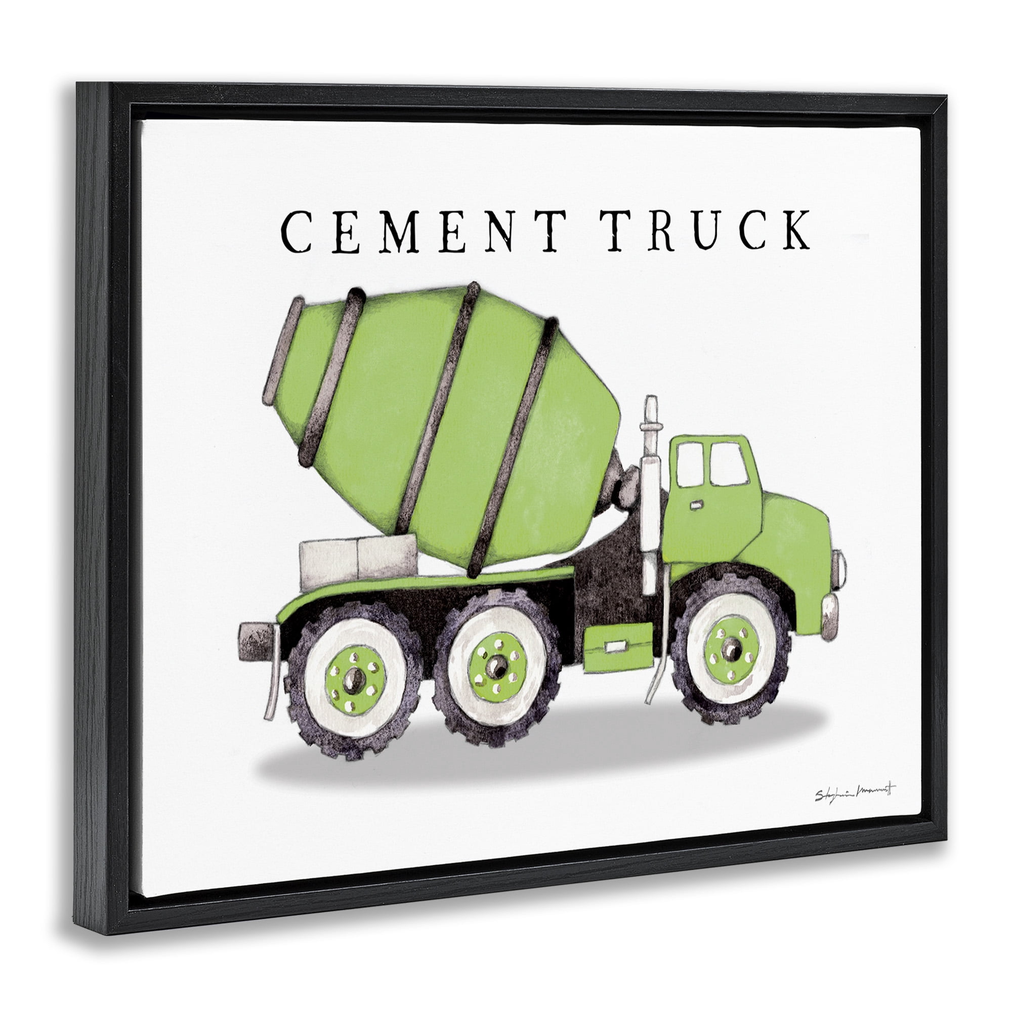 Stupell Industries Green Cement Truck Construction Art for Kids Painting Black Floater Framed Canvas Art Print Wall Art, 21 x 17