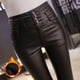 thumbnail image 5 of Pantalones de cuero mate de cuatro botones para mujer, otoño e invierno, cintura alta, ropa exterior, pies finos, más leggings ajustados acolchados de terciopelo, 5 of 6