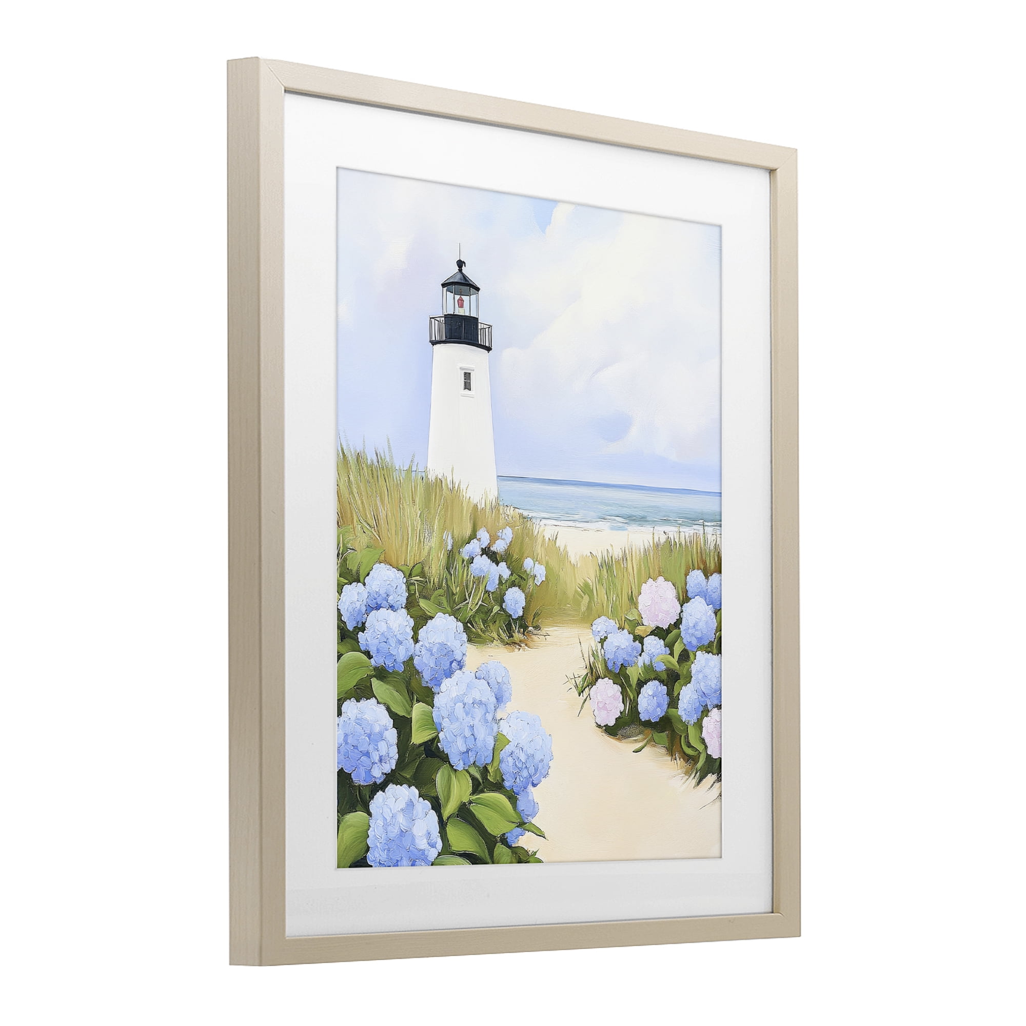 Stupell Industries Hydrangea Path Leading to Lighthouse Birch Framed Print Under Glass, design by Sisi and Seb