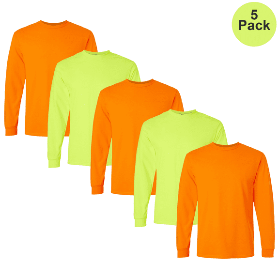 Gildan Men's Ultra Cotton T-Shirt, Long Sleeve Hi-Vis Safety Green and Safety Orange Tee 5-Pack, S