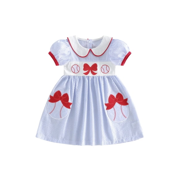 BemeyourBBs Toddler Baby Girl Baseball Dress Outfit 6 12 18 24 Months 2 3 4 Years Puff Short Sleeve Doll Collar Stripes Embroidery Baseball Bow Summer Dress Clothes