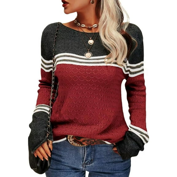 Women Fall Fashion Sweaters Colorblock Striped Crewneck Winter Trendy Pullover Tops Wine Red S