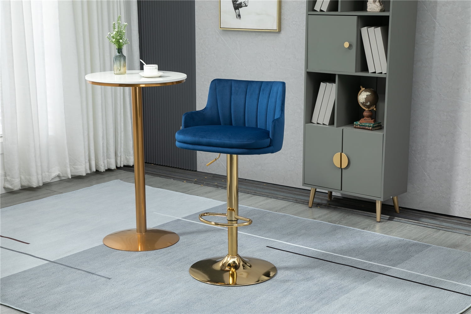 Velvet Bar Stool Chair, Height Adjustable Swivel Barstool with Footrest and High Back, Modern