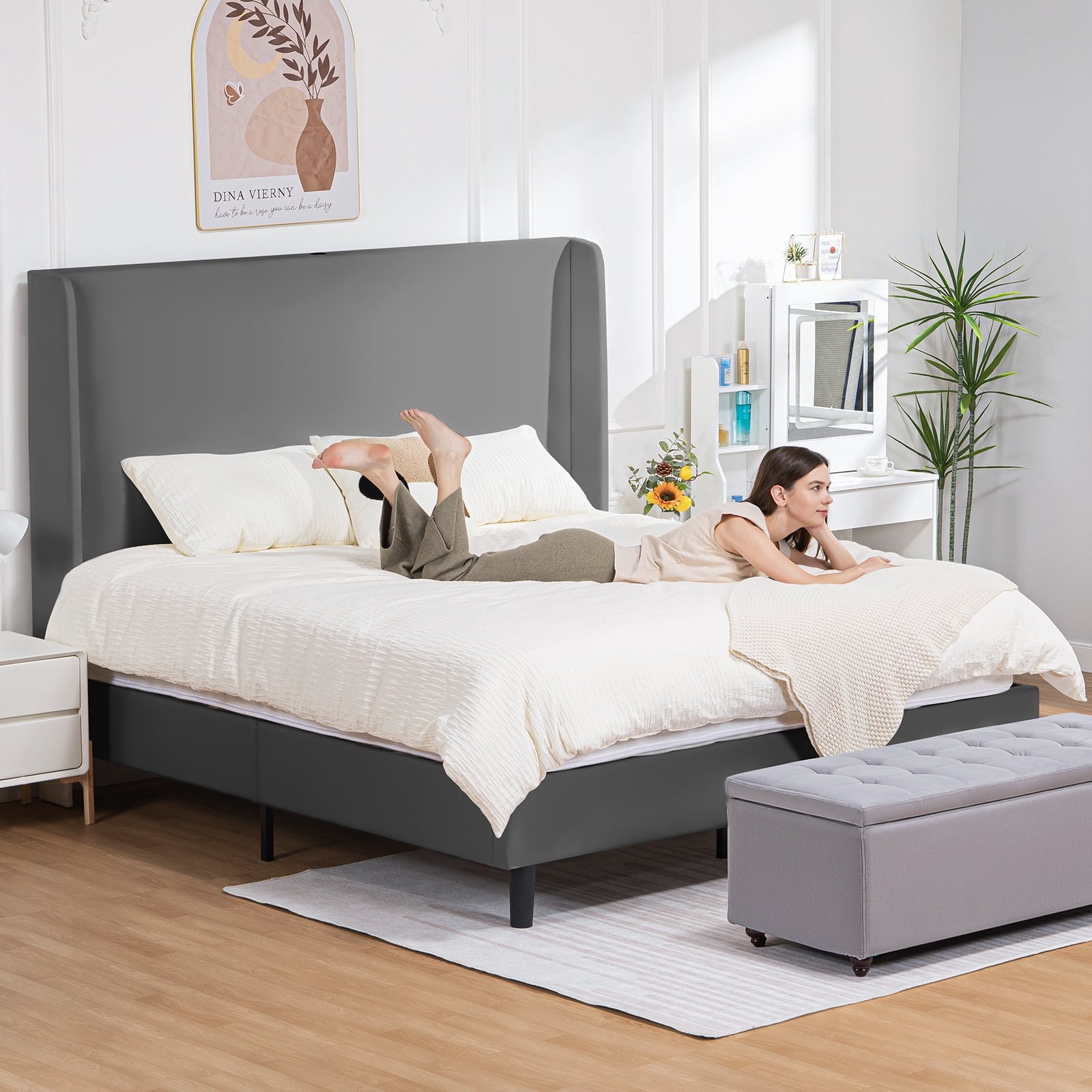 COMHOMA Queen Bed Frame with Type-C & USB, Upholstered Bed Frame with 51" High Headboard Tall, White Bed Frame with Wood Slat Support, Wingback Headboard,Grey