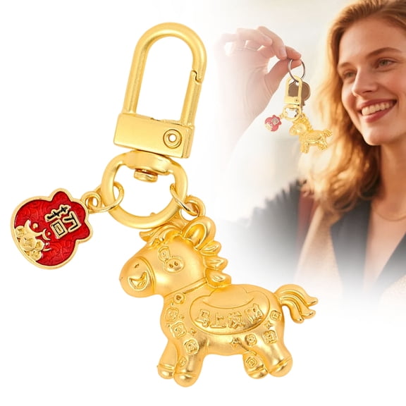 JoyMart Chinese Horse Keychain Pendant – Golden 2026 Charm Key Ring with Luck Blessing for Chinese New Year Handbag and Car Keys Accessories