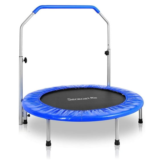 KriKac Portable & Foldable Trampoline - 40" in-Home Mini Rebounder with Adjustable Handrail, Fitness Body Exercise - SLSPT409, Blue