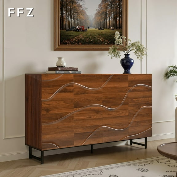 FFZ Mid-Century Modern Walnut Sideboard Buffet Cabinet, 59*16*33 inches Geometric Carved Storage Cabinet with Metal Legs, Multi-Purpose Credenza