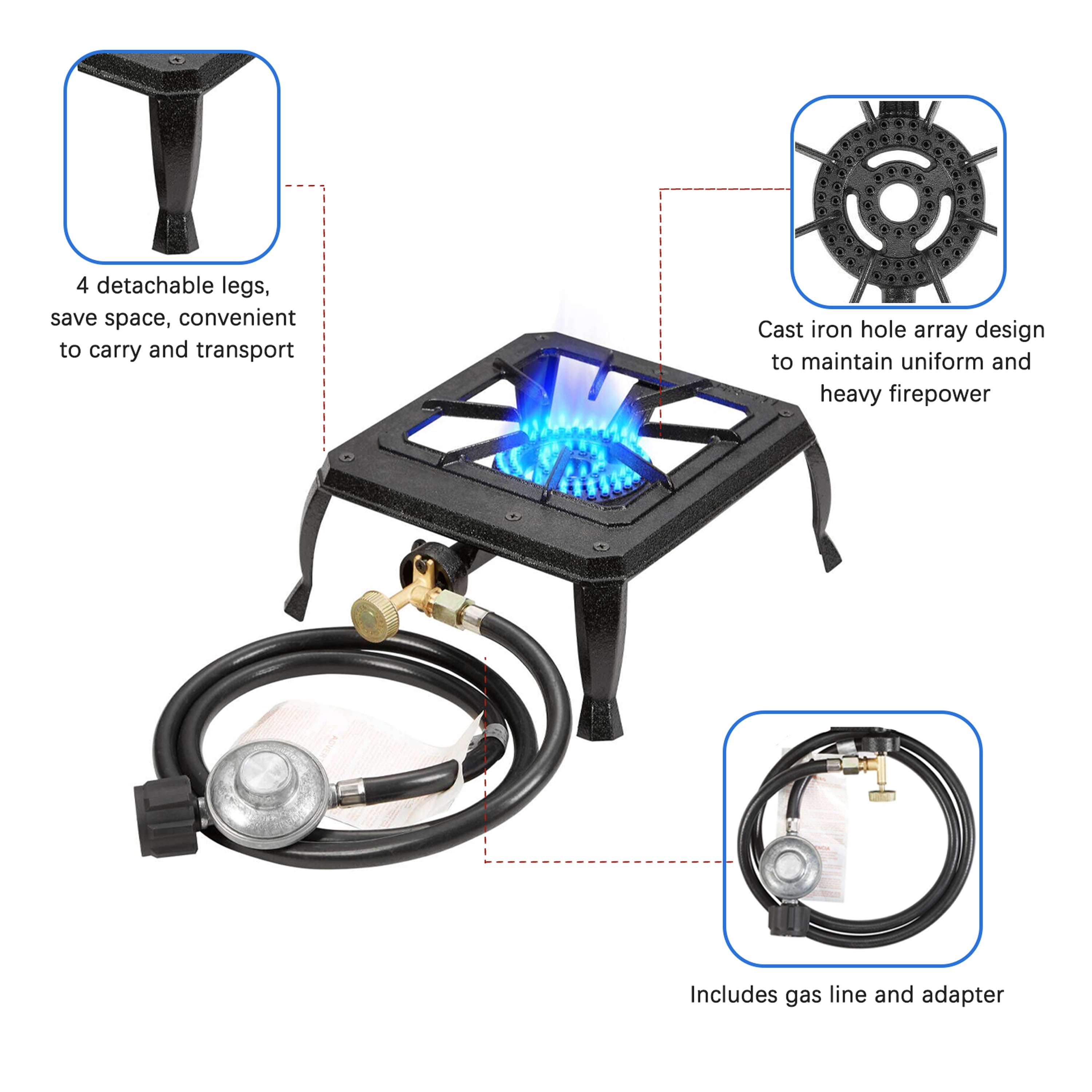 Vivicreate Single burner cast iron flame camping stove, include CSA listed regulator and gas hose (HT-C-0011)