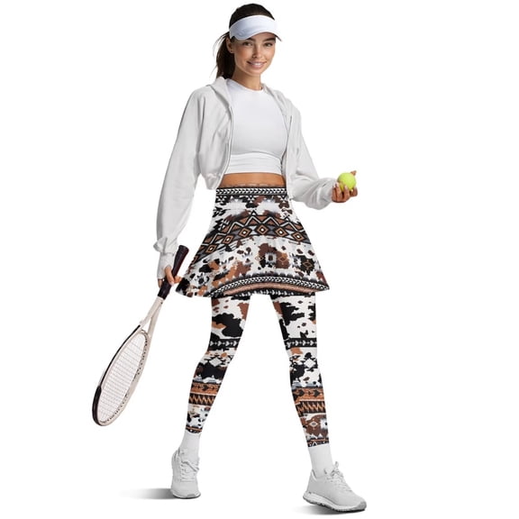 FUIALDOLG Southwestern Skirted Leggings Plus Size,Southwest Tribal Aztec Brown Cow Yoga Leggings Womens Athletic Skirt with Leggings Tennis Skirts Active Golf Skort,Size XS