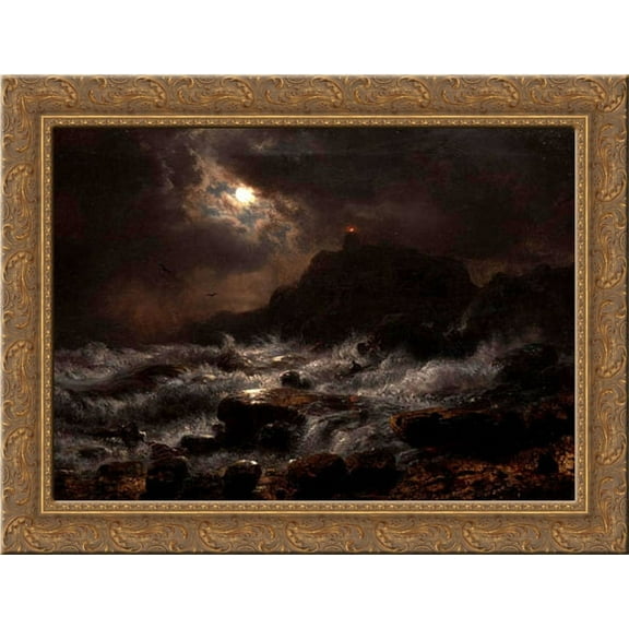 Norwegian Coast by Moonlight 24x20 Gold Ornate Wood Framed Canvas Art by Achenbach, Andreas