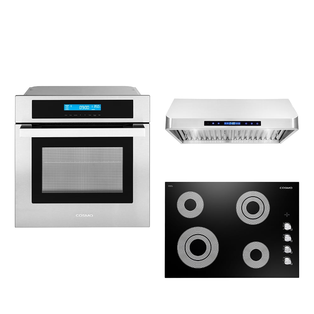 Cosmo 3 Piece Kitchen Appliance Package With 30" Electric Cooktop 30" Under Cabinet Range Hood 24" Single Electric Wall Oven Kitchen Appliance Bundles