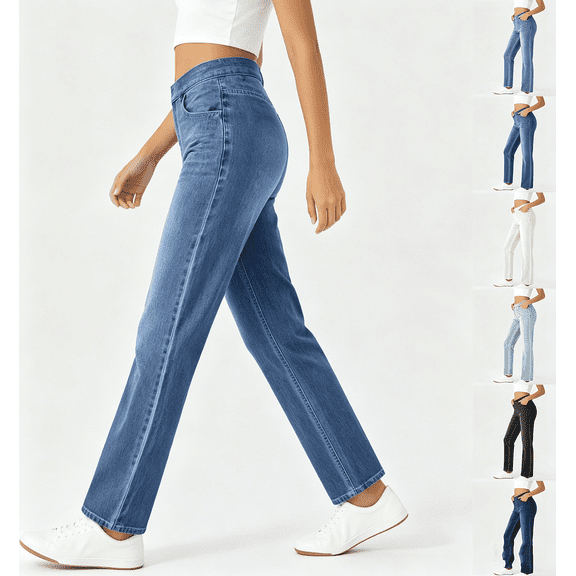 Zynoxe Womens Denim Pants High Waisted Tummy Control Straight Yoga Pants with Pockets Casual Stretchy Vintage Fitness Jeans Trousers Light Blue S