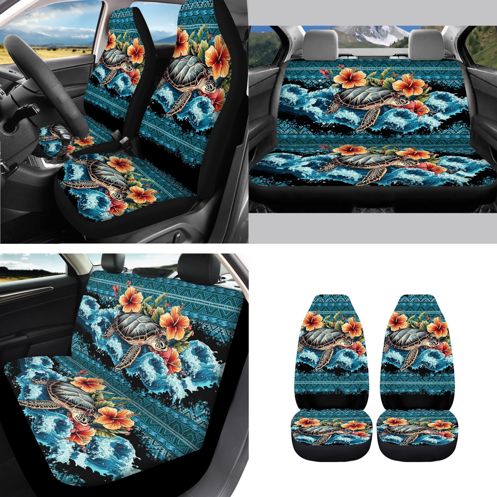 Jeiento Sea Turtle 14 Pcs Car Accessories Set Front Rear Seat Covers Car Seat Belt Pad Trash Bin Steering Wheel Protector Coaster Armrest Pad Gear Shift Cover Aztec Rearview Mirror Cove