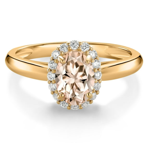Gem Stone King 10K Yellow Gold Peach Morganite and White Lab Grown Diamond Halo Engagement Ring for Women (0.78 Cttw, Gemstone October Birthstone, Oval 7X5MM, Size 6)
