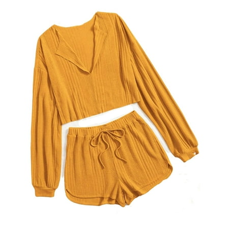 

Casual Plain Collar Short Sets Mustard Yellow Long Sleeve Plus Size Pajama Sets M