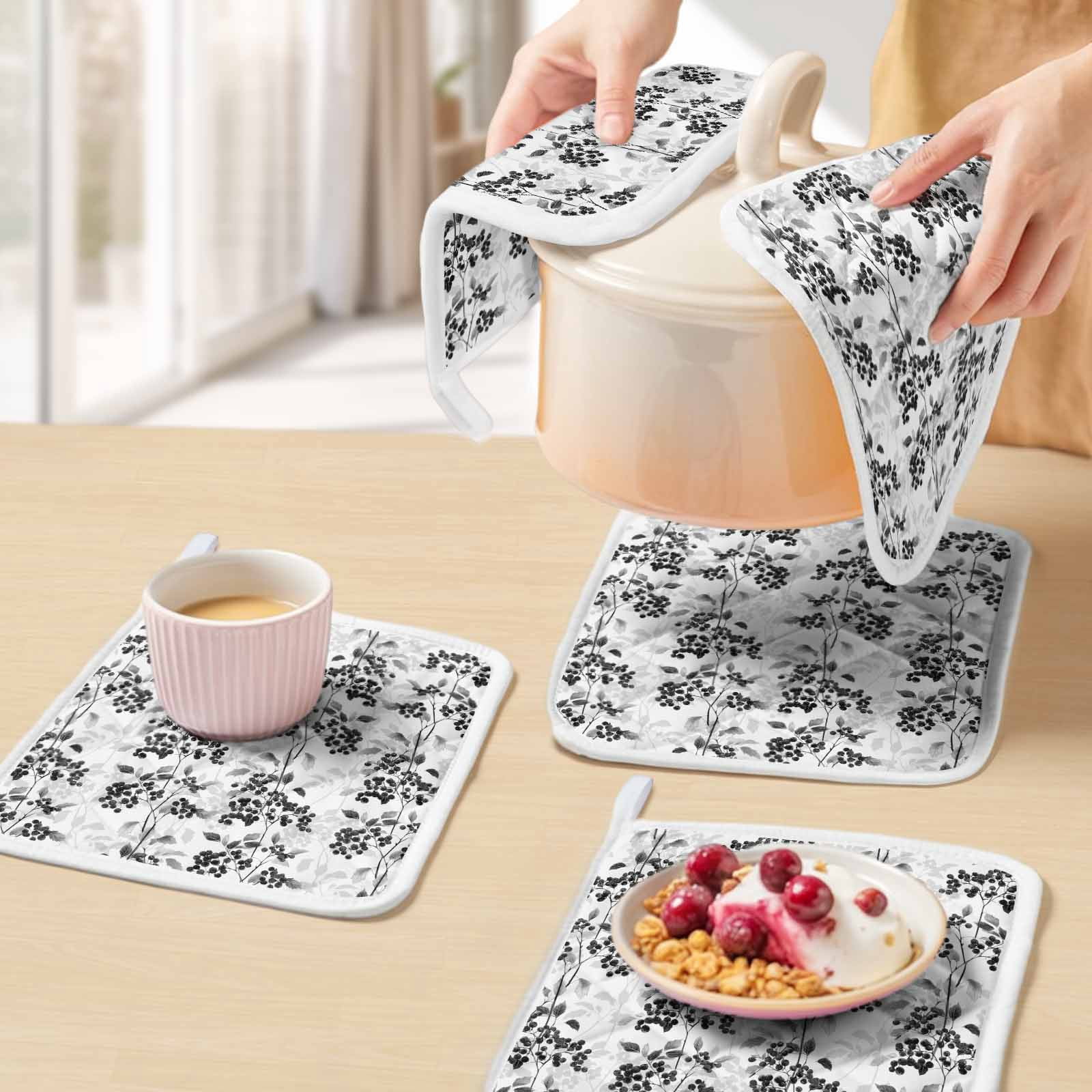 Black Gray Fruit Pot Holders for Kitchen Heatproof Potholder, 3 Pack Vintage Plant Nature Botanical Flower Hot Pads Multipurpose Oven Pads Cloth Potholders Trivet for Cooking Baking