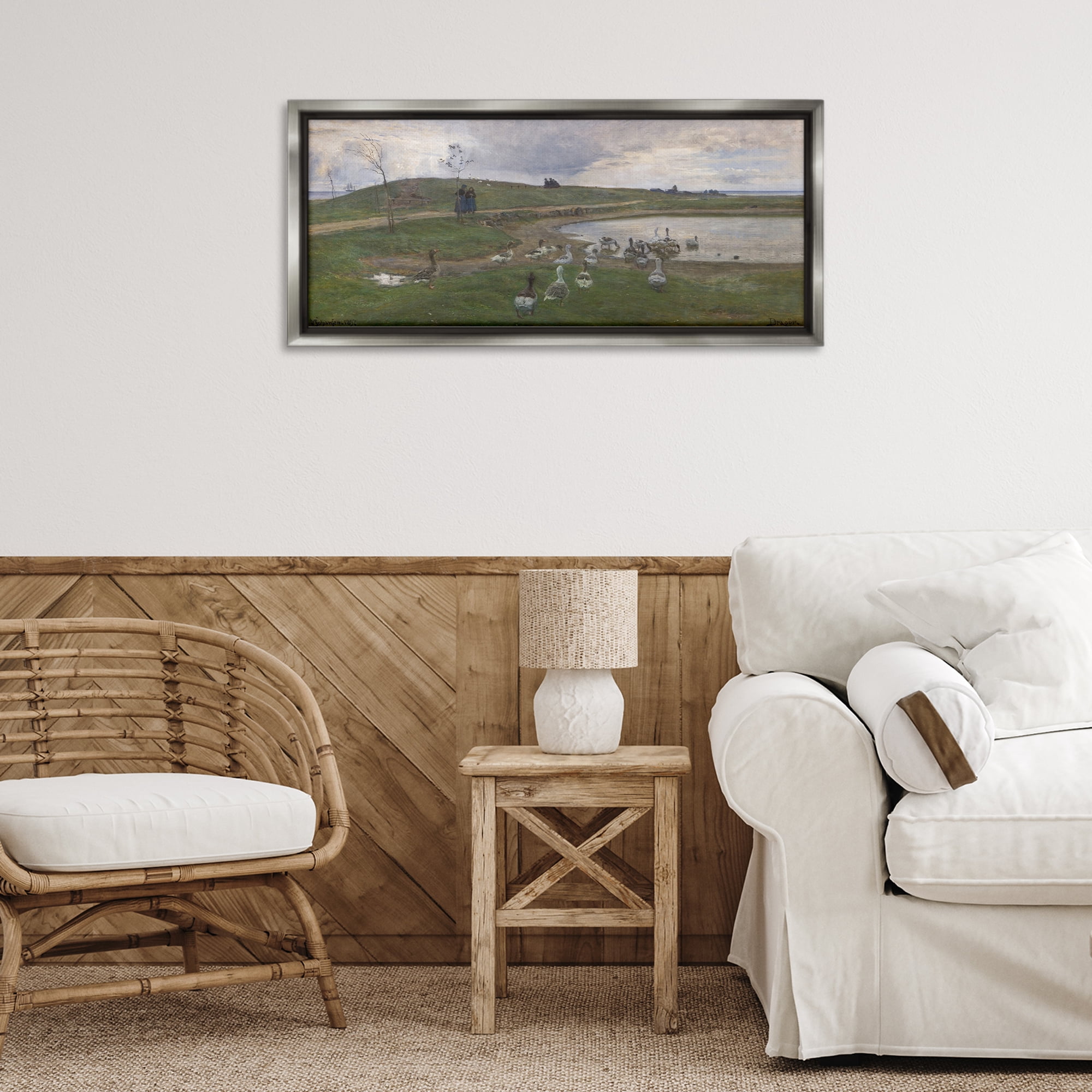 Stupell Industries Ducks Wading in Pond Landscape & Nature Painting Gray Floater Framed Canvas Art Print Wall Art, 31 x 14