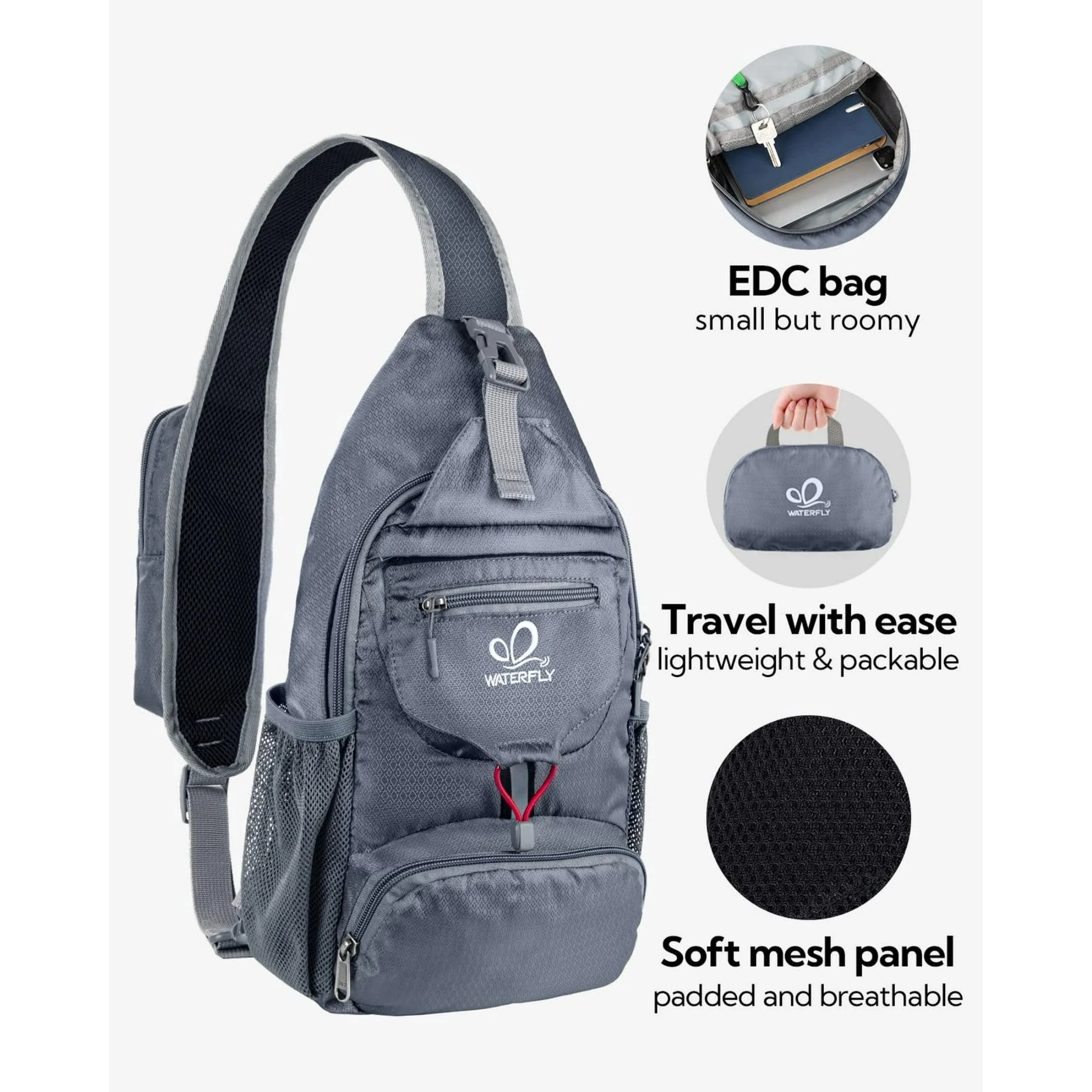 WATERFLY Unisex Small Packable Hiking Travel Sling Bag Cross-Body Shoulder Chest Bag,Gray