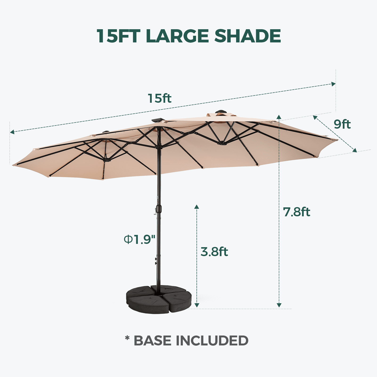 TASKBAY 15ft Patio Umbrella with Solar Lights, Double Sided Large Rectangular Outdoor Umbrella with Crank Handle for Backyard, Pool, Deck, Garden, Beige (Base Included)