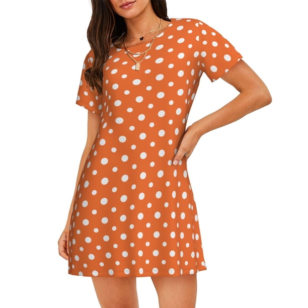 Fotbe Orange And White Polka Dot Bata de Dormir para Mujer con Estampado, Camisón de Algodón de Manga Corta, Ropa de Dormir Casual