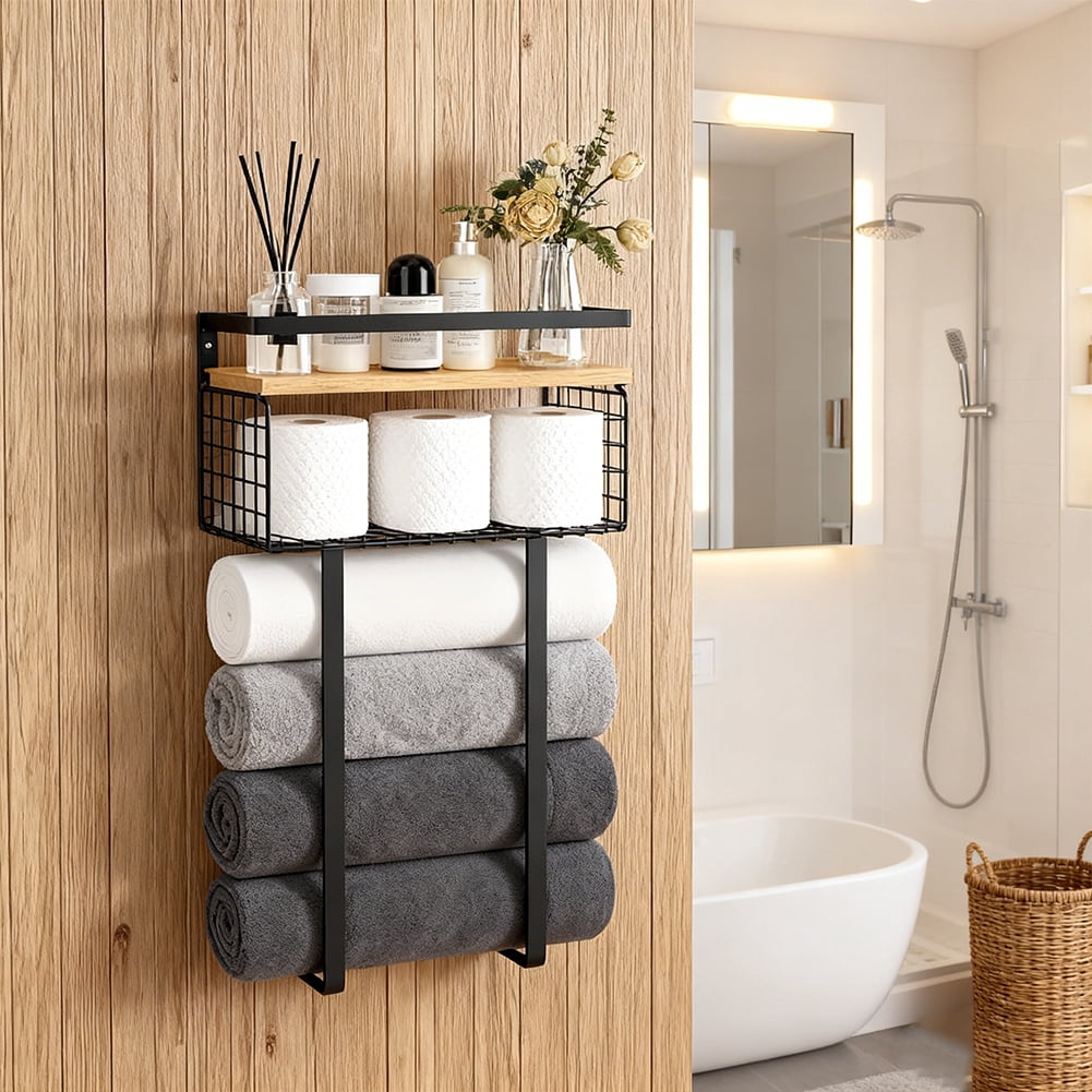 Yucurem Towel Racks for Bathroom, Metal Towel Storage Holder for Roll Towels, Wall Mounted Towel Organizer with Storage Basket and Wooden Shelf for Small Spaces