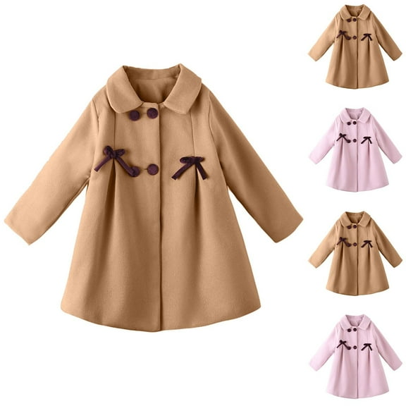 THDHVS Winter Coats for Girls,Girls Winter Coat,Girls Winter Coat Double Breasted Pea Coat Style with Toggle Buttons and Deep Pockets Wool Fabric for Dressy Occasion Khaki 4-5 Years