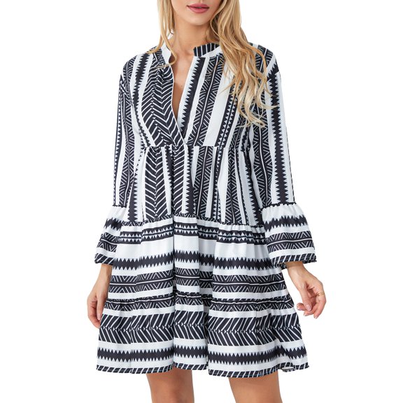 Michellecmm Women Flowy Dress Casual Contrast Color Loose Long Sleeve Party Dress