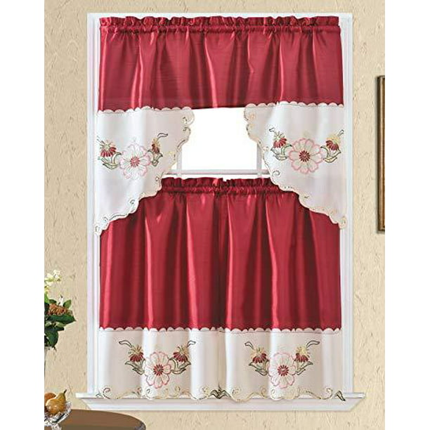 3pc Rod Pocket Embroidered Kitchen, Red Swag Kitchen Curtains