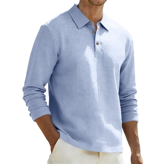 JAJAHO Mens Linen Long Sleeve Polo Shirt Classic Button Down Collar Casual Business Relaxed Fit Breathable Summer Lightweight Top Versatile Tops