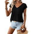 thumbnail image 4 of Womens V Neck Casual Bowknot Short Sleeve T-Shirt Colorblock Summer Blouse For Women, 4 of 6