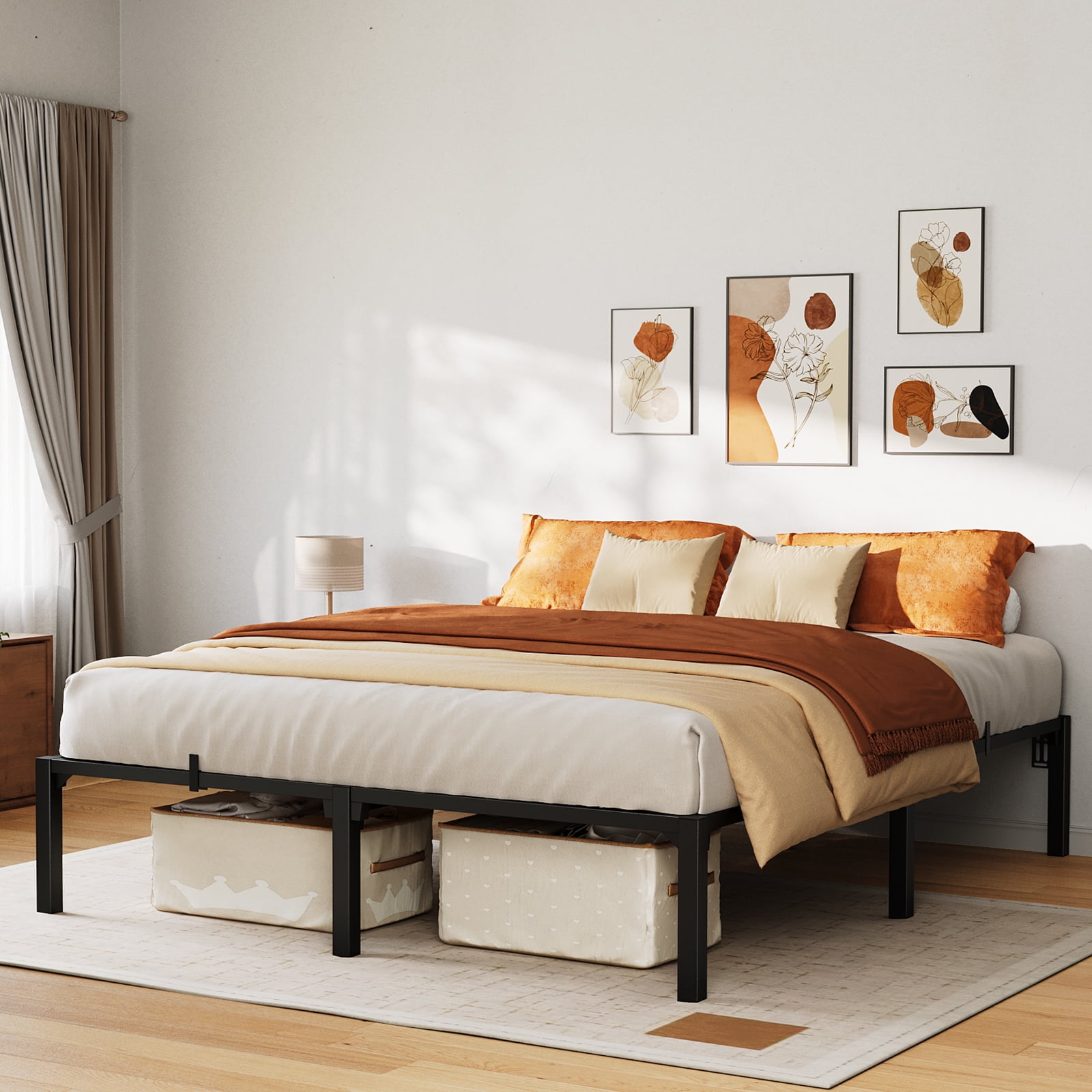Full Size 14" High Platform Bed Frame, Heavy Duty Steel Slat Support with Underbed Storage, 800 lb Capacity, No Box Spring, Tool-Free No-Screws Assembly, Easy Setup (Black)