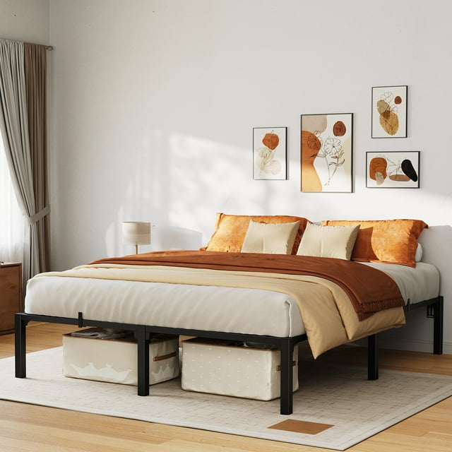 BeesClover Sturdy 14" Low Profile Metal Bed Frame, Quiet Mattress Foundation, Tool-Free Assembly, Supports King, Queen, Full & Twin – No Box Spring Needed
