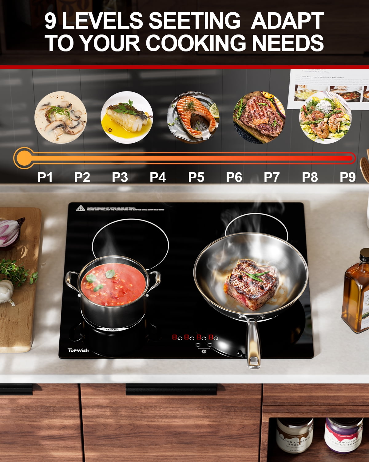 TOPWISH 24" 4-Burner Drop-In Electric Cooktop, 6000W Radiant Ceramic Stove Top, 220–240V Hard-Wired, 9 Heat Levels, Touch Control, Timer & Child Safety Lock