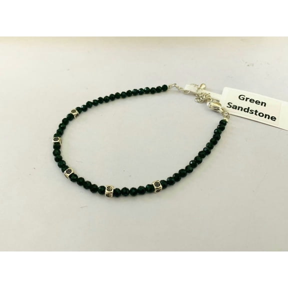 Green Sandstone 3mm Round Shape Faceted Cut Beads 7 inch Adjustable Silver Plated Clasp Bracelet for men, women, unisex. Link Chain Stacking Bracelet.|LINK_03583